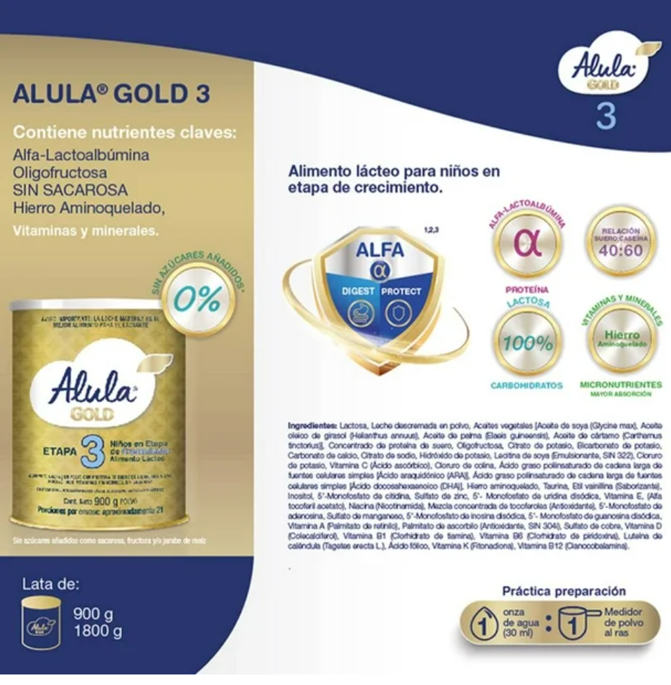 Fórmula Infantil de Continuación Alula Gold Progress 3 pzas de 900 gr c/u - .