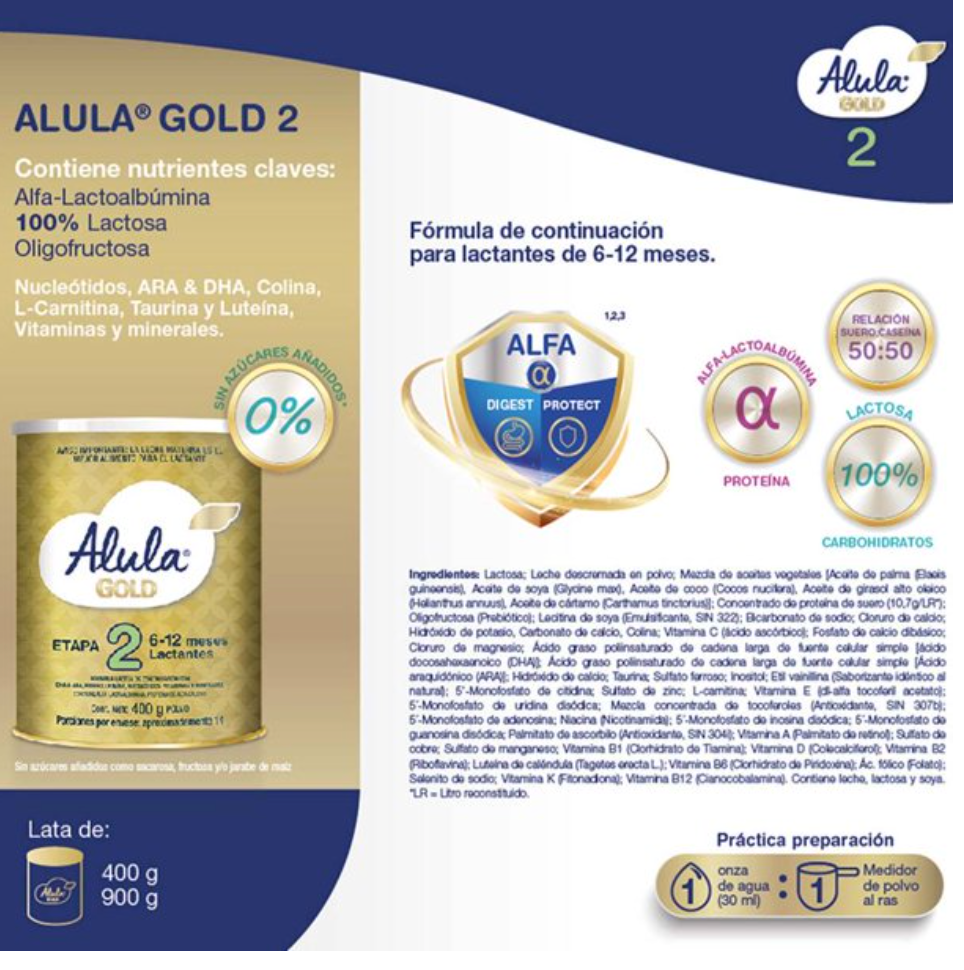 Fórmula Infantil de Continuación Alula Gold Promil 2 pzas de 900 gr c/u (5.0) 5 estrellas de 1 reseña - .