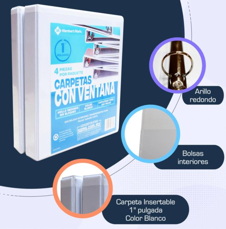 Set de Carpetas Member's Mark de 1 Pulgada con Ventana Blanco 4 pzas - .