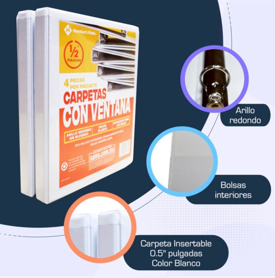 Set de Carpetas Member's Mark de 1/2 Pulgada con Ventana Blanco 4 pzas - .