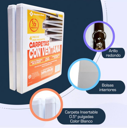 Set de Carpetas Member's Mark de 1/2 Pulgada con Ventana Blanco 4 pzas - .