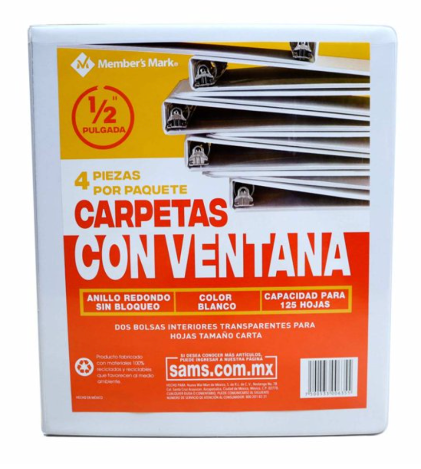 Set de Carpetas Member's Mark de 1/2 Pulgada con Ventana Blanco 4 pzas - .