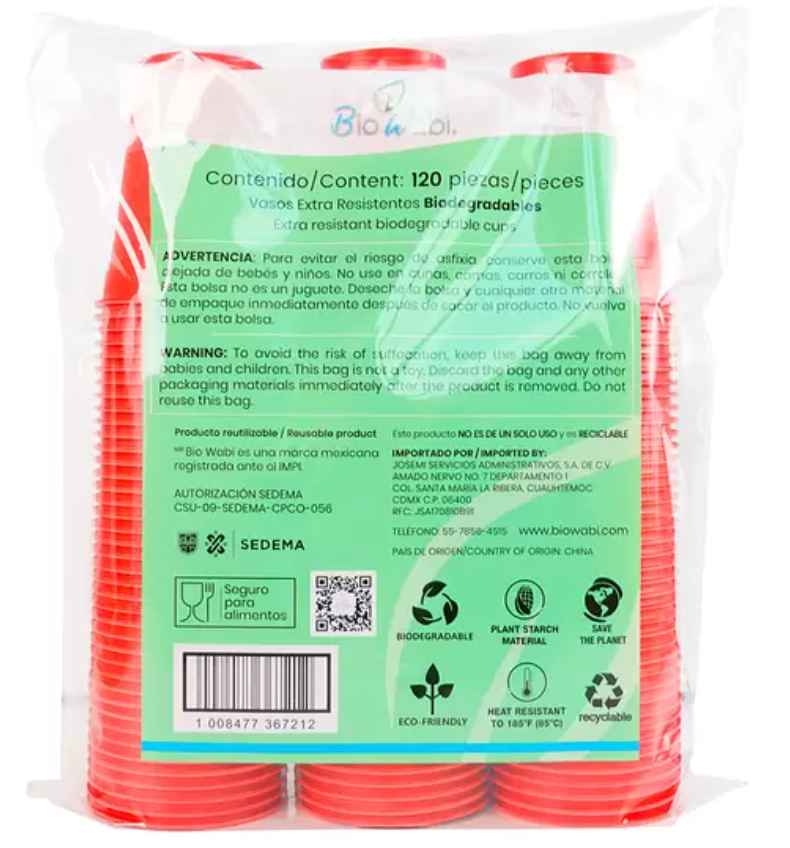 Biowabi Vasos Rojos Compostable 120 pzas de 530 ml - KOZ