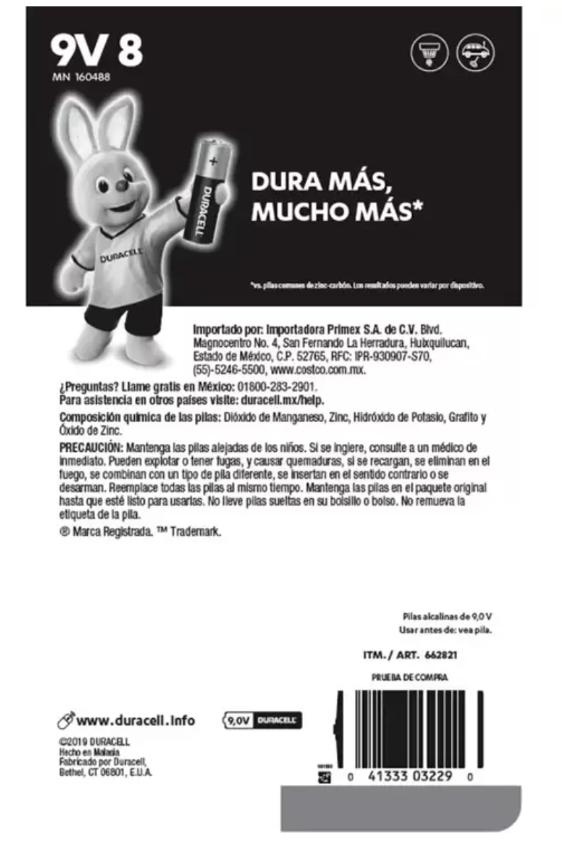 Duracell, Baterías 9V de 8 piezas - .