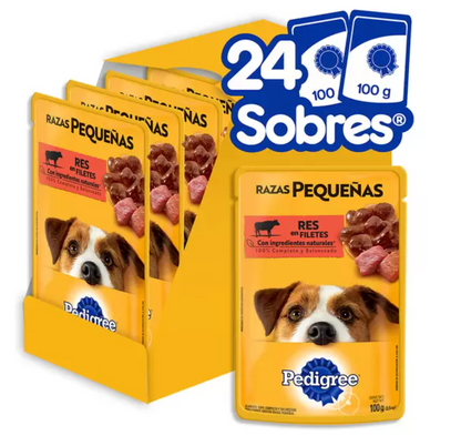 Pedigree Alimento Para Perros Adultos Razas Pequeñas, Sabor Res 100 gr, Paquete De 24 Sobres - .