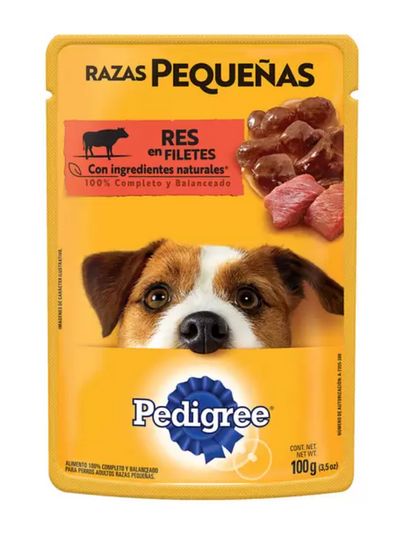 Pedigree Alimento Para Perros Adultos Razas Pequeñas, Sabor Res 100 gr, Paquete De 24 Sobres - .