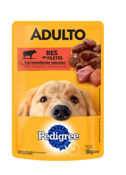 Pedigree Alimento Para Perros Adultos Sabor Res, Paquete De 24 Sobres de 100 gr - .