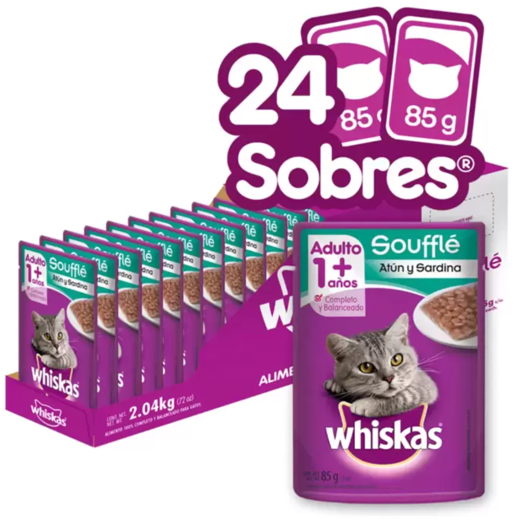 Whiskas Alimento Húmedo para Gato Sabor Atún y Sardina 24 pzas de 85 grs - .