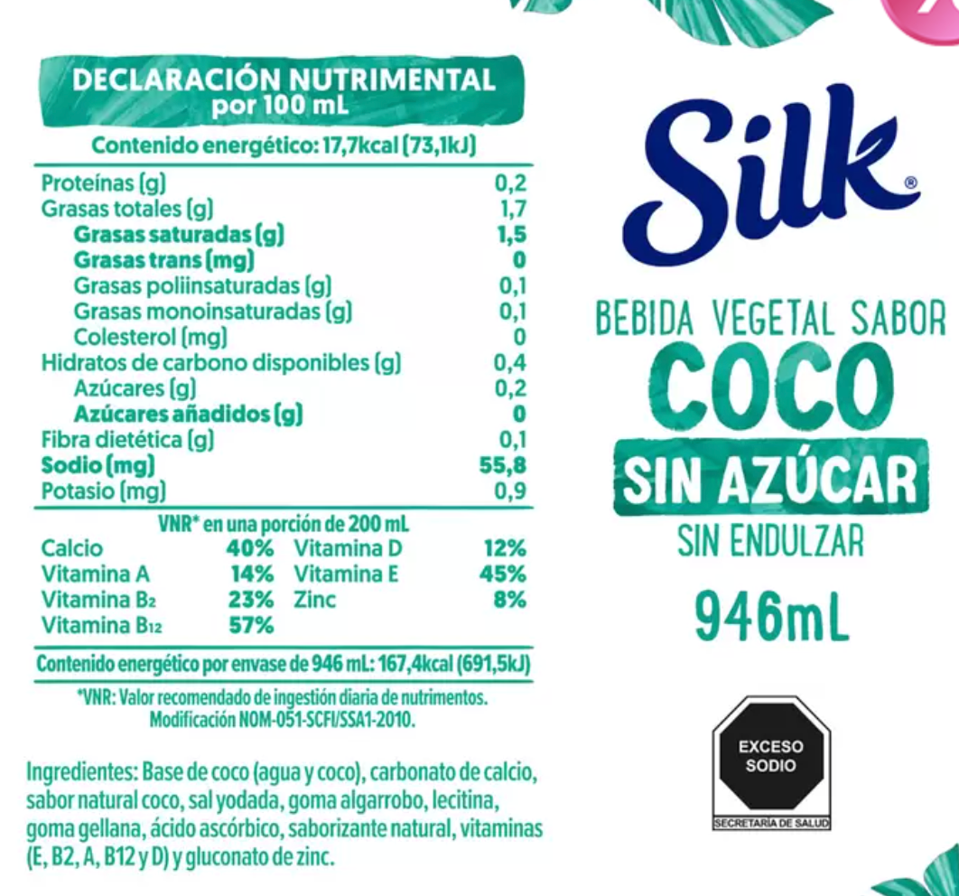 Silk Bebida Vegetal Sabor Coco Sin Azúcar 6 piezas de 946 ml - .