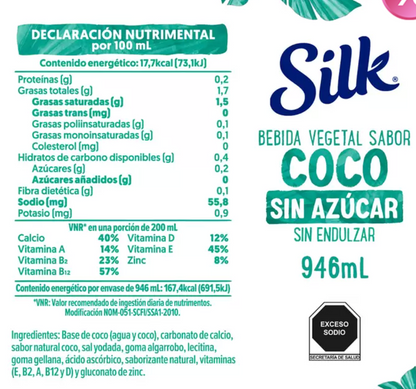 Silk Bebida Vegetal Sabor Coco Sin Azúcar 6 piezas de 946 ml - .