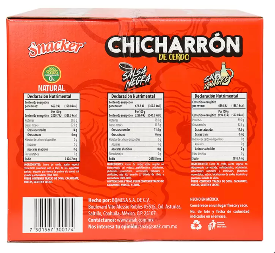 Snacker Chicharrón de Cerdo Paquete Surtido 21 pzas de 30 grs - .