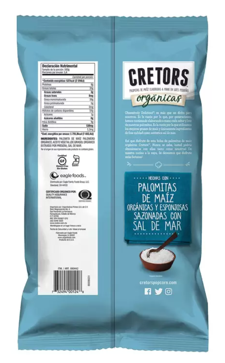 G.H Cretors Palomitas de Maíz Orgánicas con Sal 340 grs - .