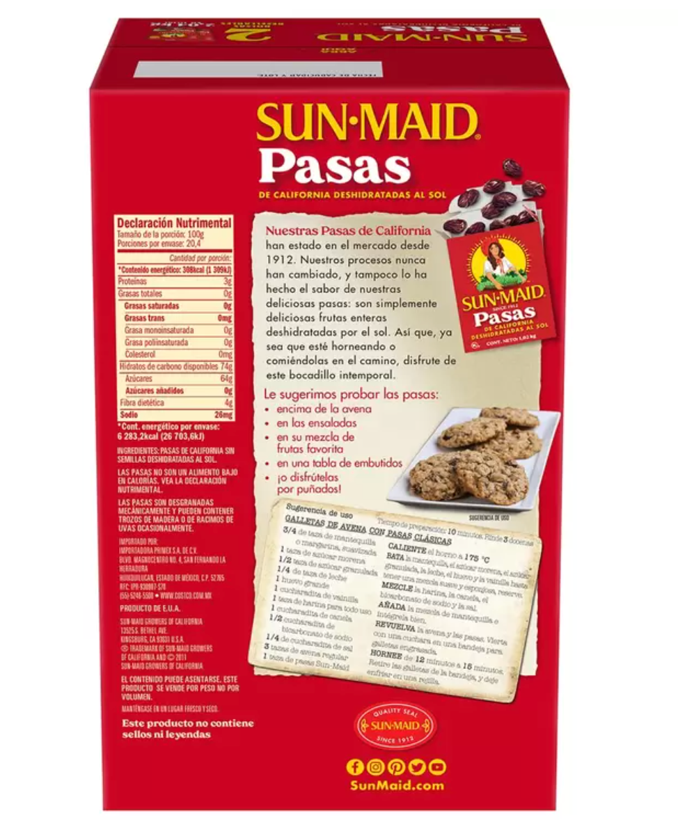 Sun Maid Pasas de California 2 piezas de 1 kg - KOZ