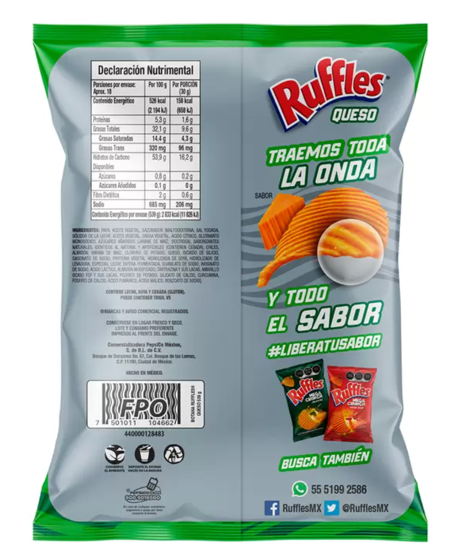 Ruffles Papas Fritas Onduladas sabor Queso 539 grs - KOZ