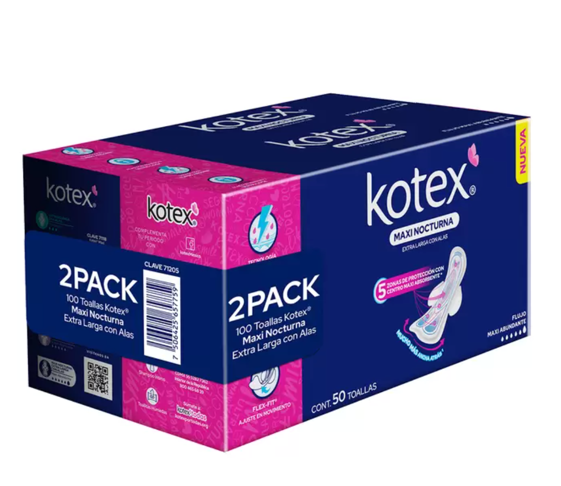 Kotex Maxi Nocturna Toallas Femeninas 100 piezas - .