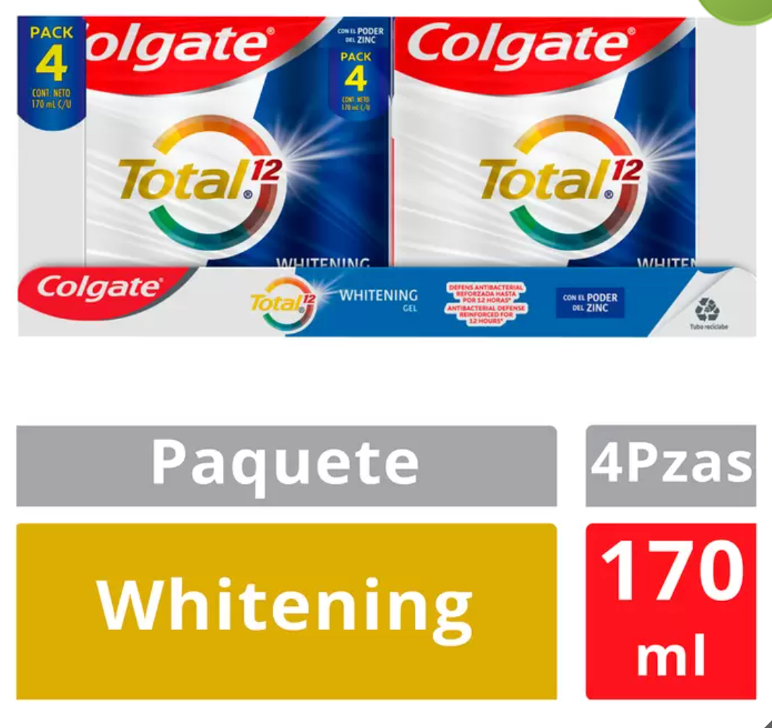 Colgate Pasta Dental Total 12 Whitening 4 piezas de 170 ml - KOZ