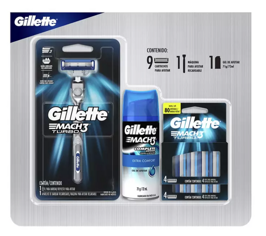 Gillette Mach3 Turbo Máquina + 9 cartuchos + Gel 71 grs - KOZ