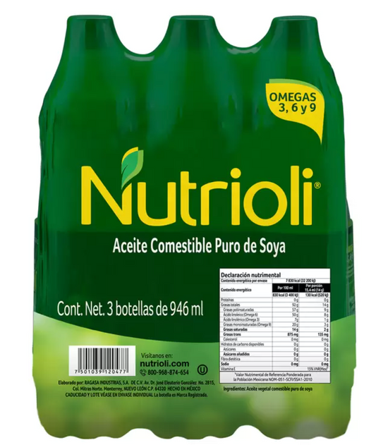 Nutrioli Aceite Comestible Puro de Soya 3 piezas de 946 ml - KOZ