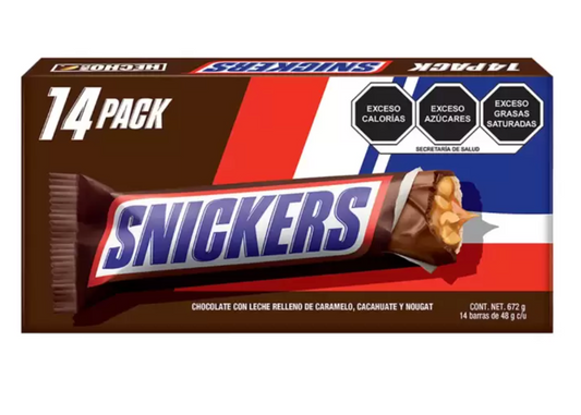 Snickers Chocolate Relleno de Caramelo, Cacahuate y Nougat 14 pzas de 48 grs - KOZ