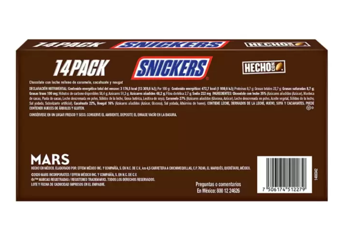 Snickers Chocolate Relleno de Caramelo, Cacahuate y Nougat 14 pzas de 48 grs - KOZ