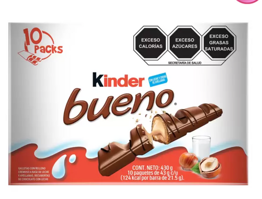Kinder Bueno Barras Rellenas de Crema de Avellanas 10 piezas de 43 grs - .