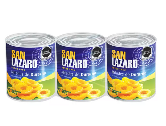 San Lazaro Mitades de Durazno en Almíbar 3 piezas de 480 grs - KOZ