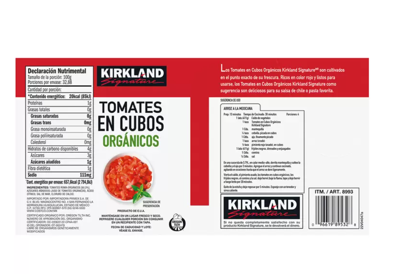 Kirkland Signature Tomates Orgánicos en cubos 8 piezas de 411 gr - .