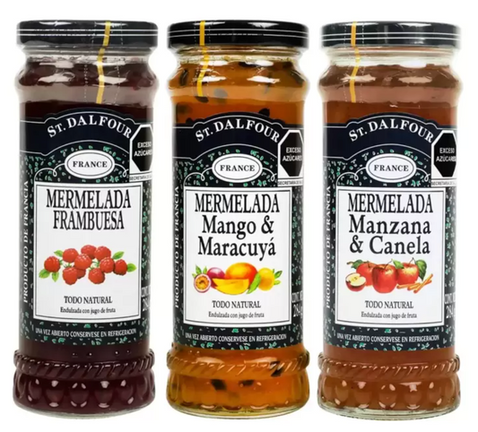 Mermelada St Dalfour Paquete Surtido Sabor Frambuesa, Mango Maracuyá y Manzana Canela 3 piezas de 284 grs - .