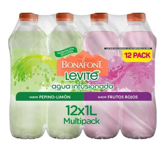 Bebida Saborizada Bonafont Levité Pepino-Limón y Frutos Rojos 12 pzas de 1 l c/u - .