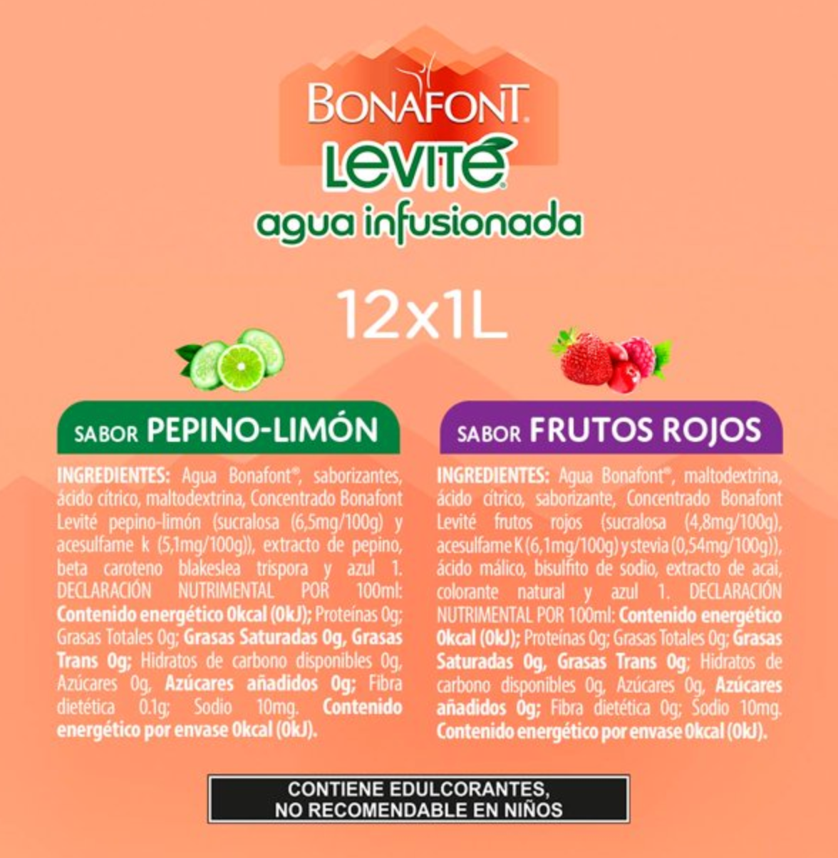 Bebida Saborizada Bonafont Levité Pepino-Limón y Frutos Rojos 12 pzas de 1 l c/u - .