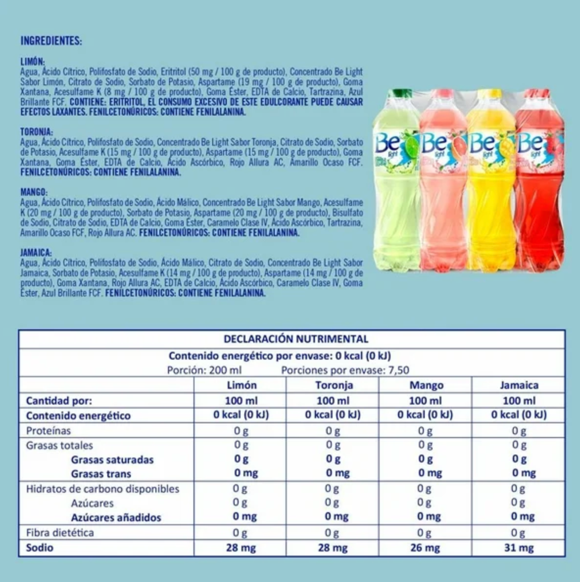 Bebida Saborizada Be Light 8 pzas de 1.5 L c/u - .