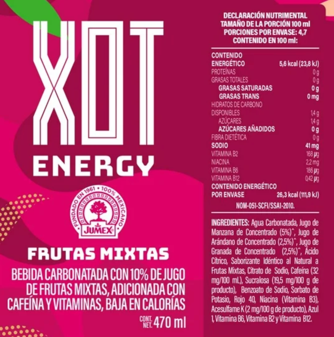 Bebida Carbonatada XOT Energy Adicionada con Cafeína 12 pzas de 470 ml -.