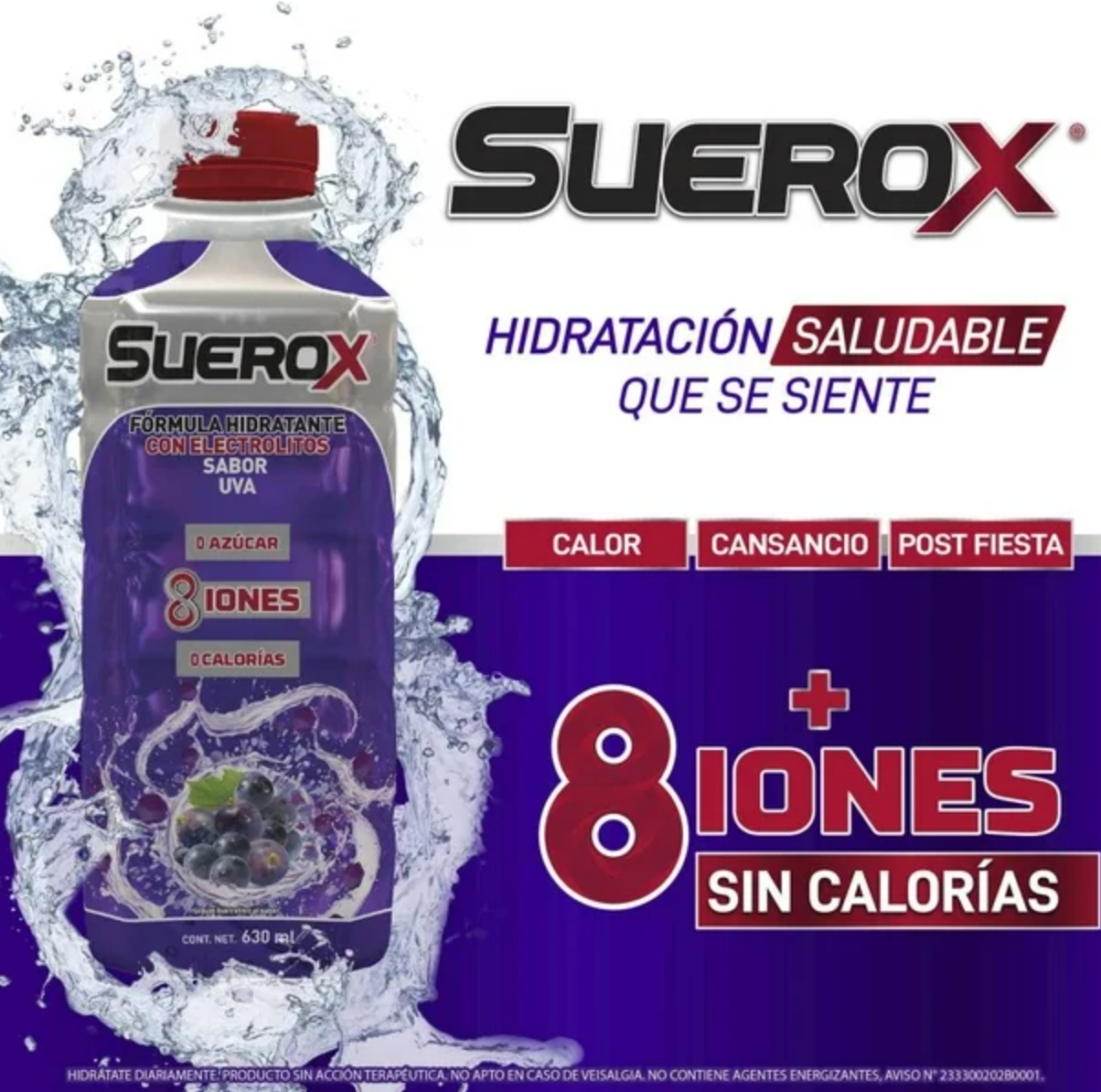 Bebida Hidratante Suerox Sabor Uva 6 pzas de 630 ml c/u -.