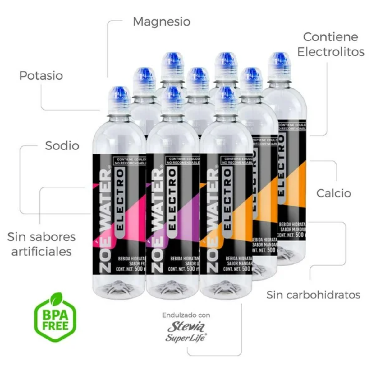 Bebida Hidratante ZOE Electro Sabores Surtidos 9 pzas de 500 ml c/u - .