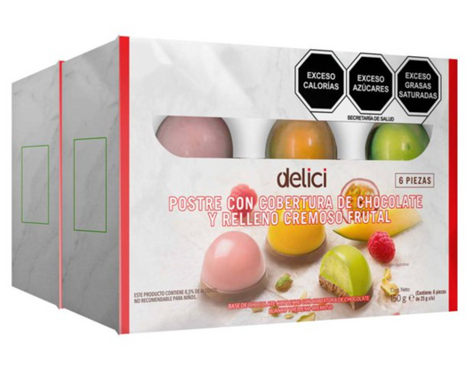 Postre con Cobertura de Chocolate y Relleno Cremoso Frutal Delici 12 pzas de 25 g c/u -.