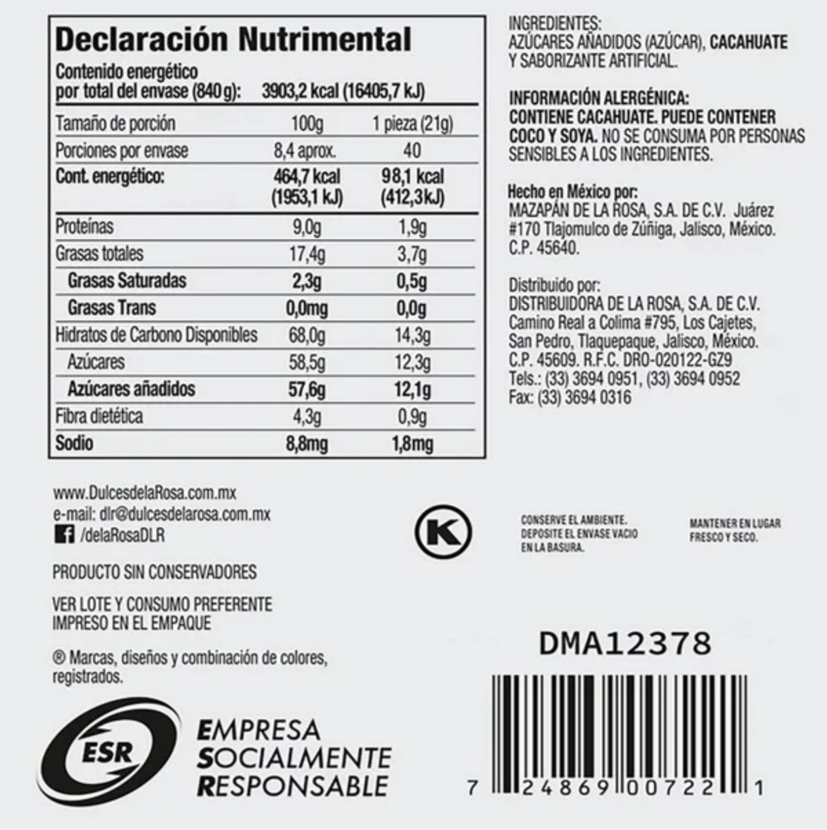 Mazapán De la Rosa 40 pzas de 21 g c/u -.