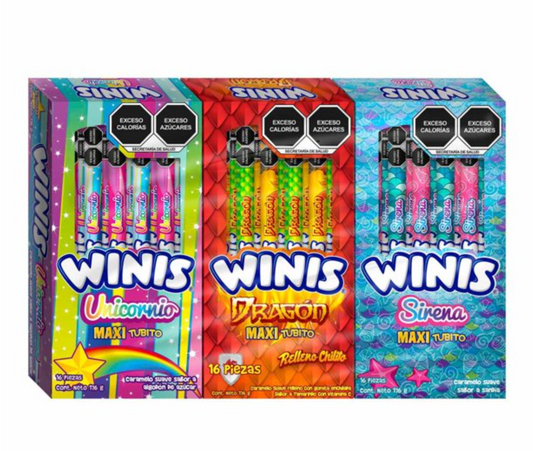 Caramelo Suave Winis Unicornio-Dragón-Sirena Maxi tubito 3 pzas de 176 g c/u - .