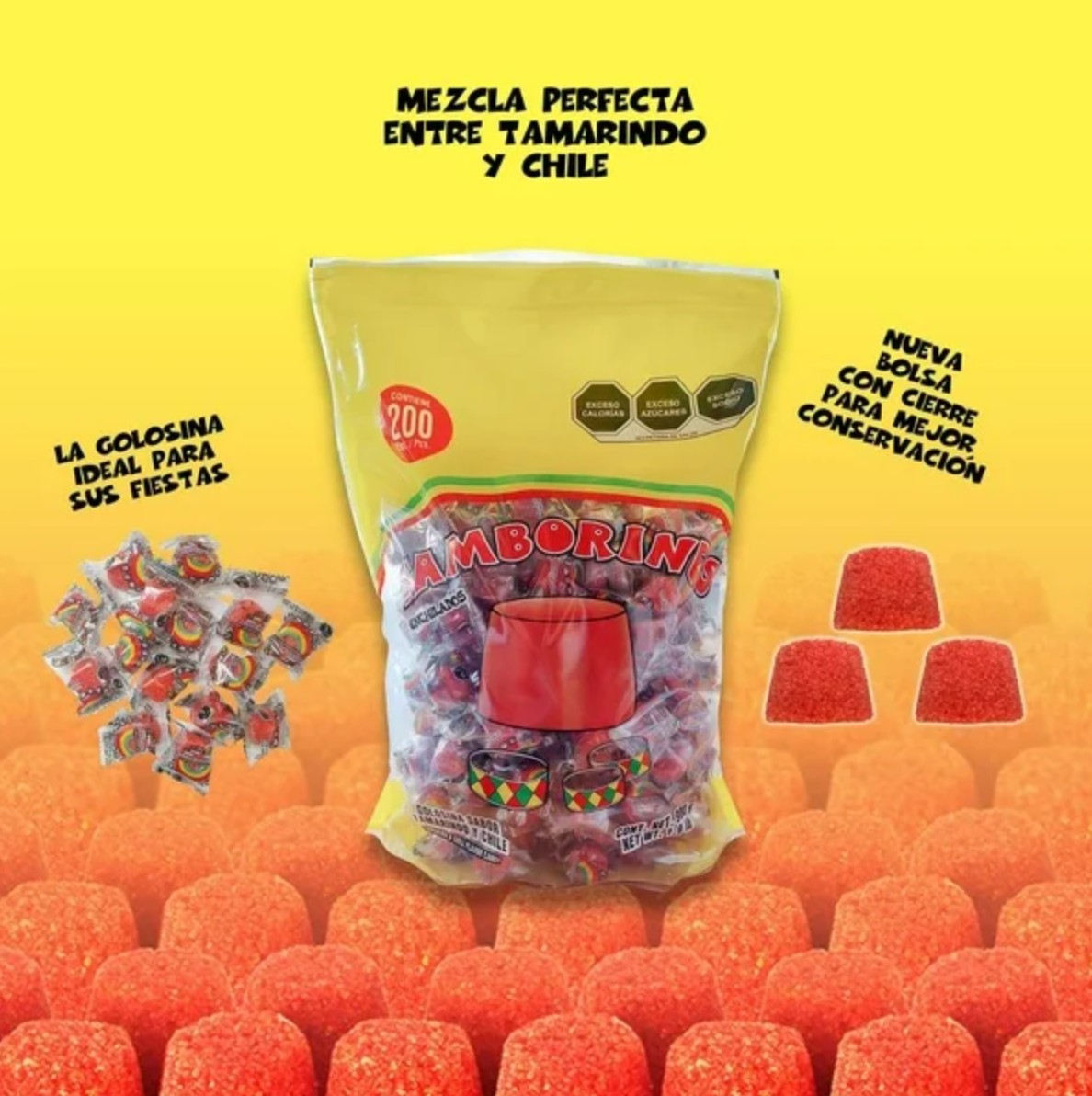 Golosina Sabor Tamarindo y Chile Tamborines 200 pz -.