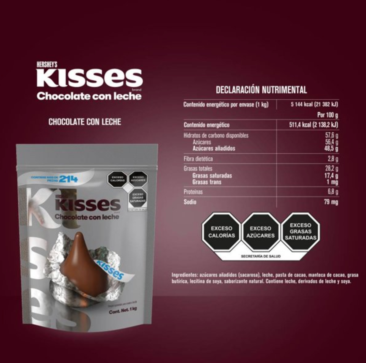 Chocolate con Leche Kisses Hershey's 1 kg - .