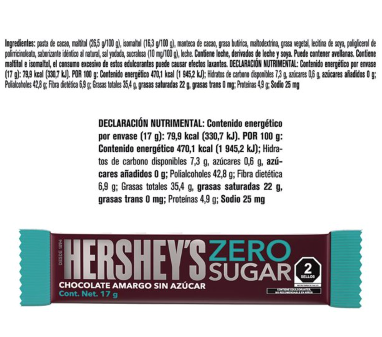 Chocolate Amargo Hershey's Zero Sugar 21 Barras de 17 g c/u - .