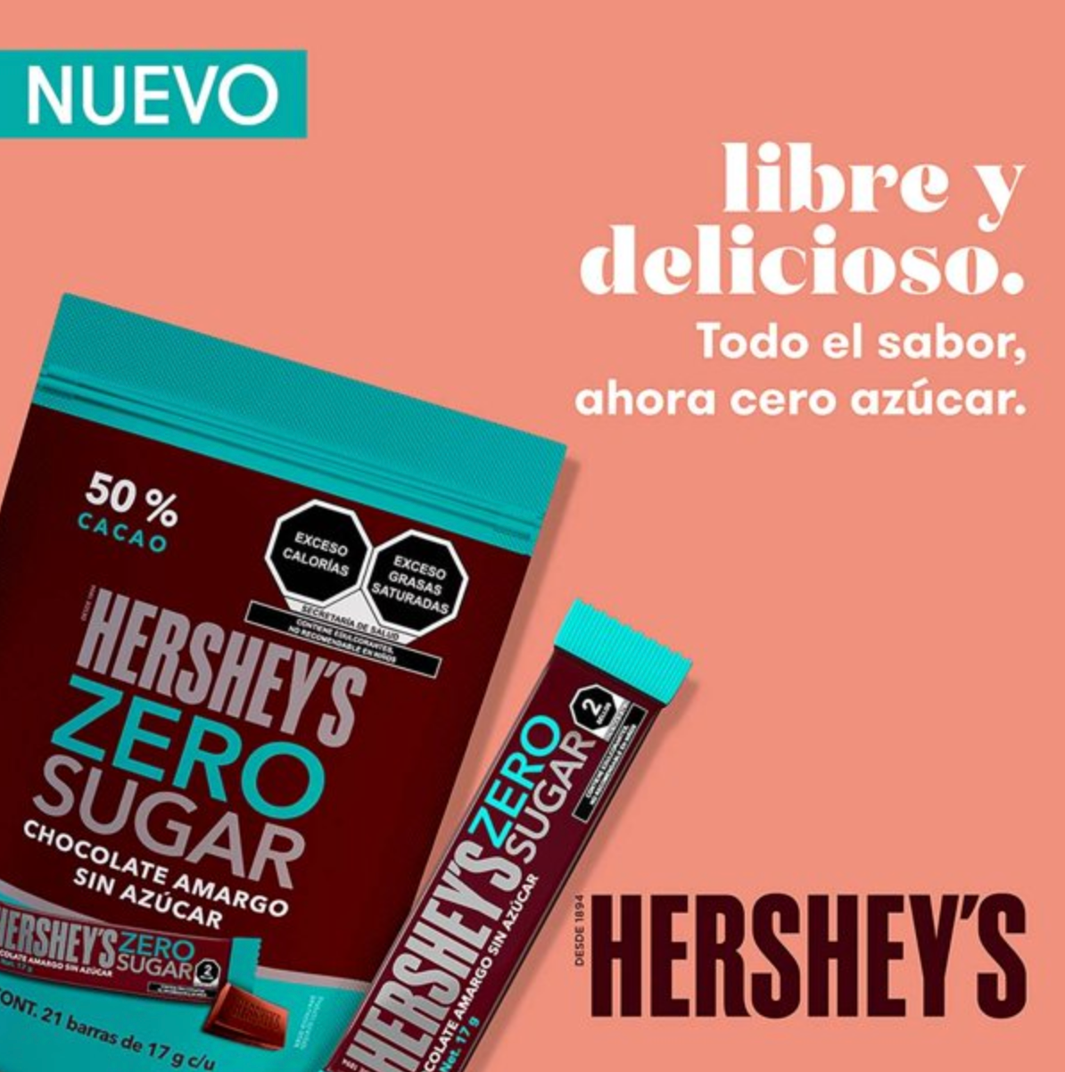 Chocolate Amargo Hershey's Zero Sugar 21 Barras de 17 g c/u - .
