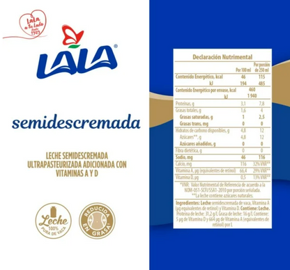 Leche Semidescremada Lala 12 pzas 1 l c/u - .