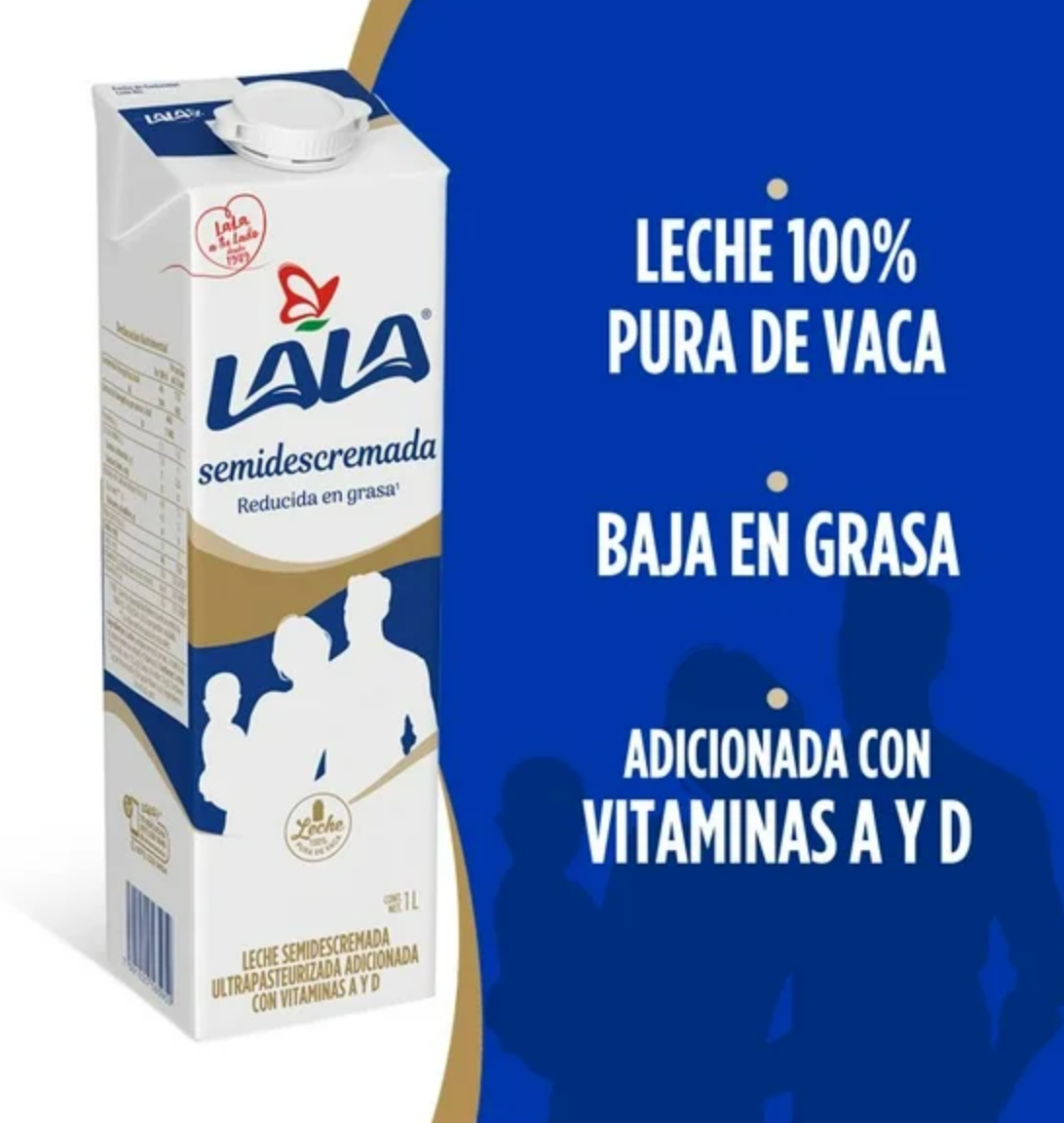Leche Semidescremada Lala 12 pzas 1 l c/u - .