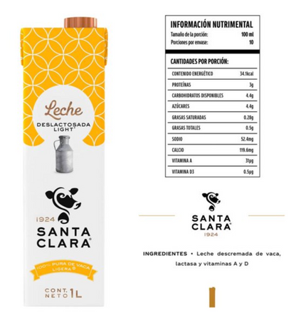 Leche Deslactosada Santa Clara Light 12 pzas de 1 l c/u -.