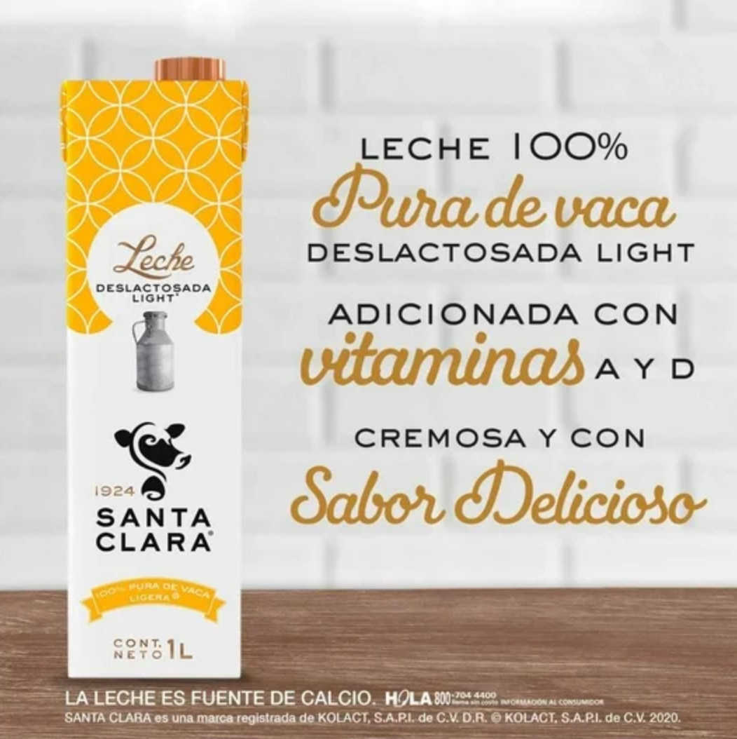 Leche Deslactosada Santa Clara Light 12 pzas de 1 l c/u -.