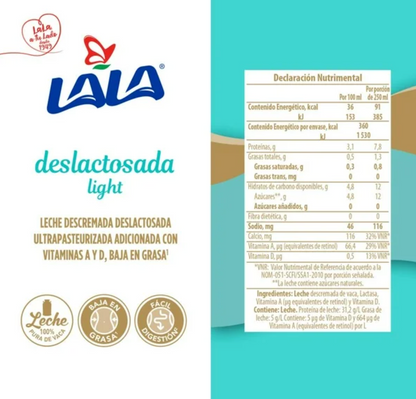 Leche Deslactosada Lala Light 12 pzas 1 l c/u - .