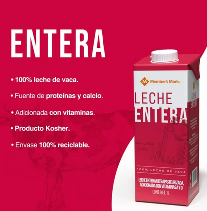 Leche Entera Member's Mark 12 pzas de 1 l c/u -.