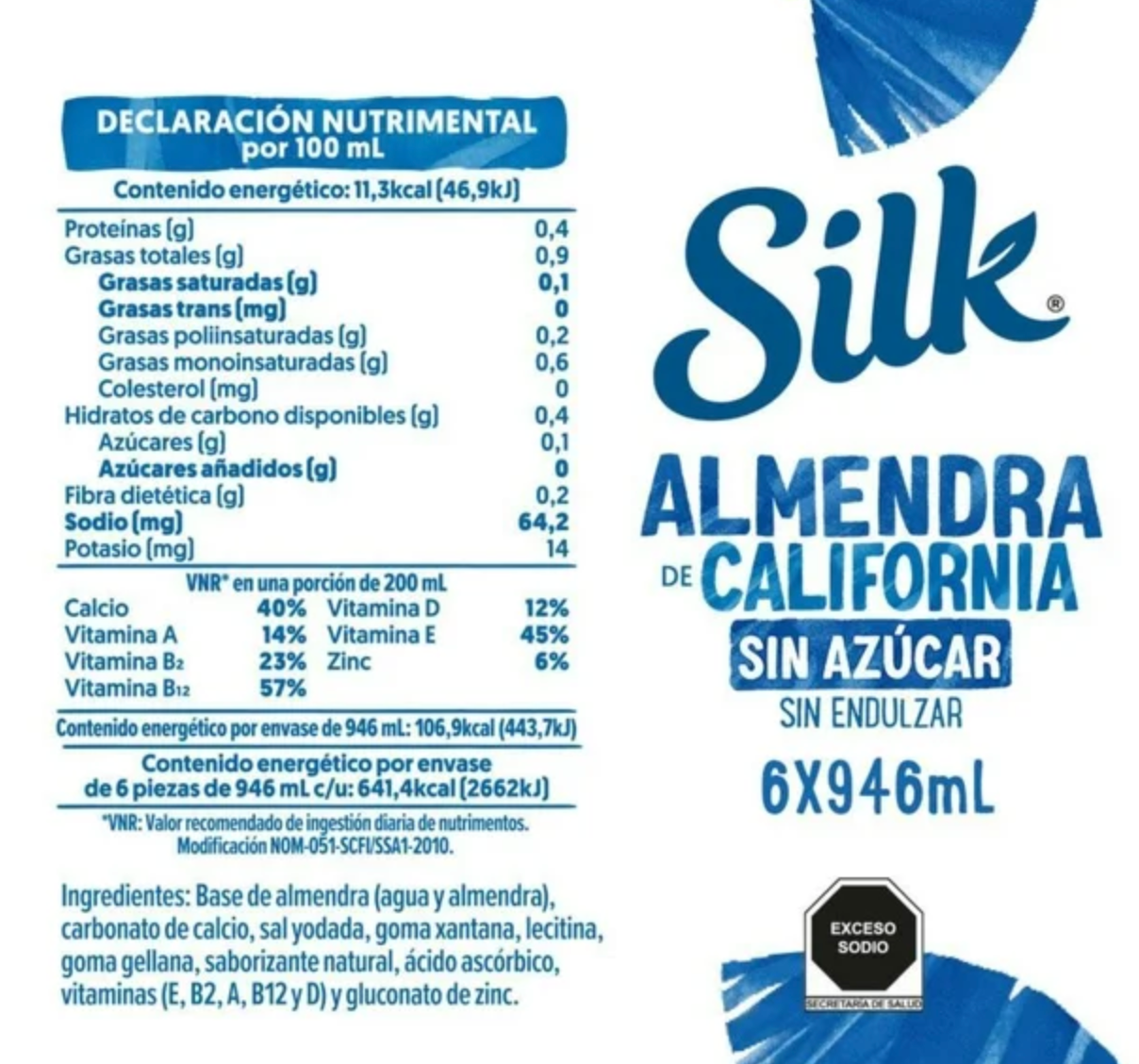 Bebida Vegetal Silk Sabor Almendra de California Sin Azúcar 6 pzas de 946 ml c/u -.