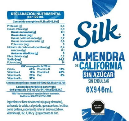 Bebida Vegetal Silk Sabor Almendra de California Sin Azúcar 6 pzas de 946 ml c/u -.
