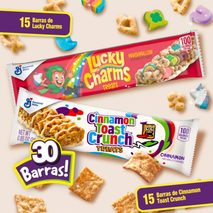 Barras de Cereal Generall Mill's Lucky Charms con Malvaviscos 15 pzas y Cinnamon Toast Sabor Canela 15 pzas - .